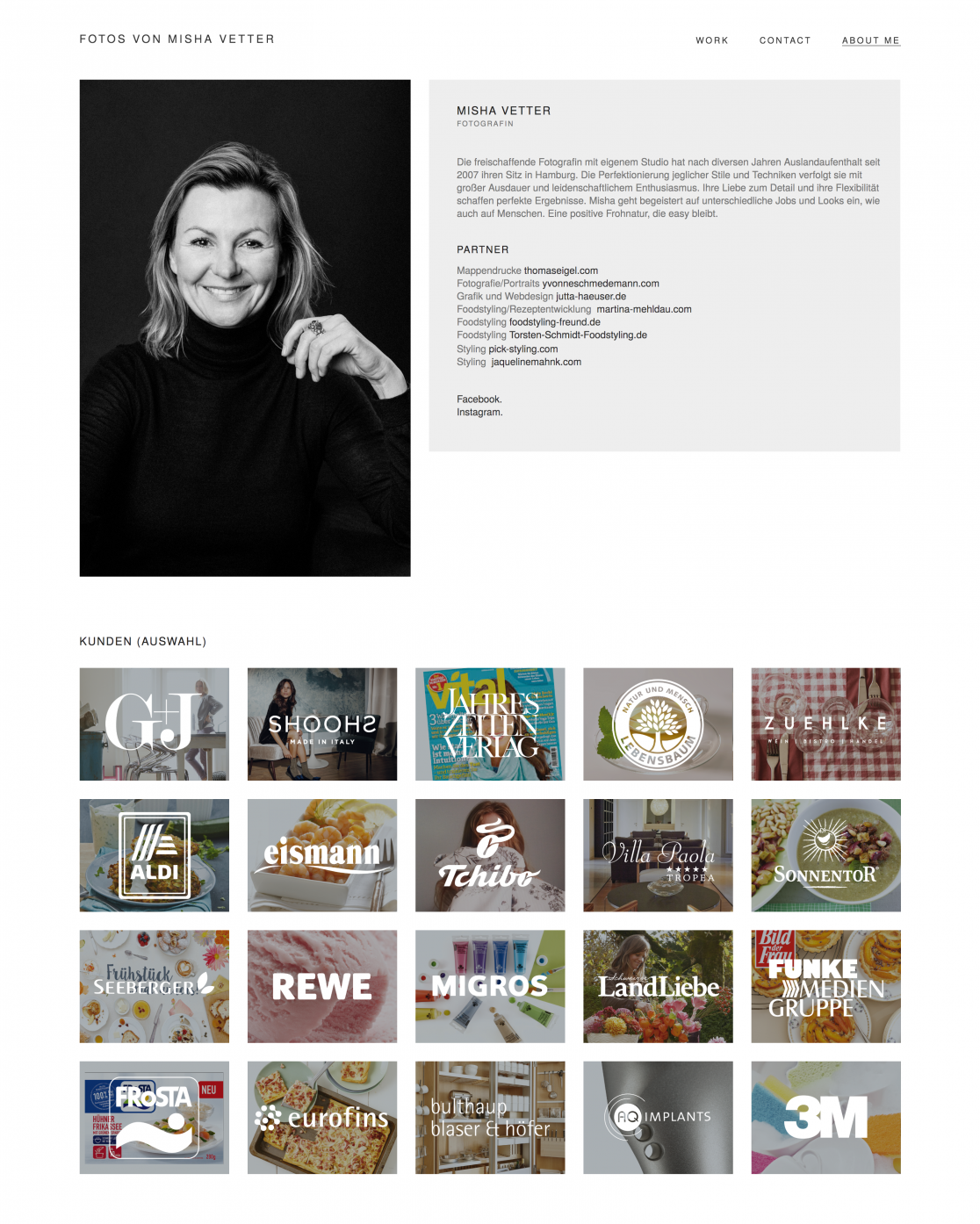 Über-mich-Seite der Fotografin Misha vetter mit schwarz-weiss Foto und Referenzfotos mit Logos
