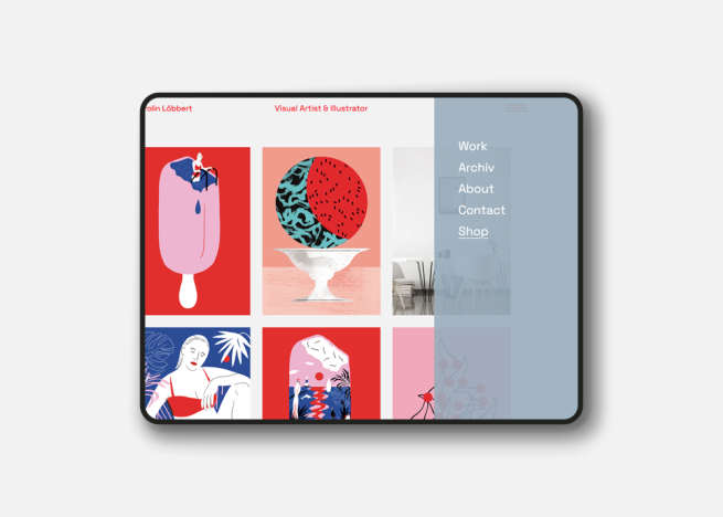 Ipad Mockup der Website von Caroline Löbbert, Illustratorin, mit seitlicher Navigation