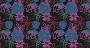 seamless pattern - flowers in blue, green and pink on black background